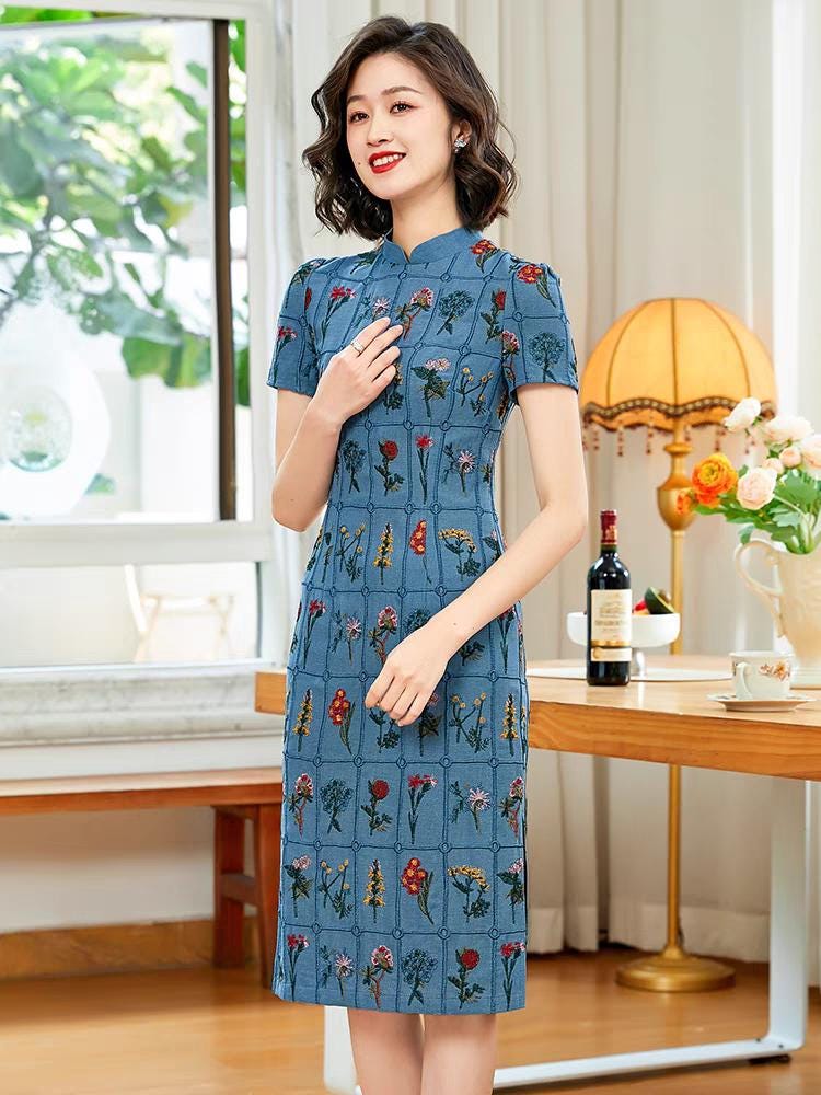 Women's Blue Floral Qipao Cheongsam Dress – Linen – additional product view