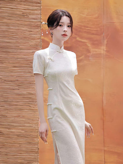 Women's White Vintage Lace Qipao Cheongsam Dress – Short Sleeve – additional product view