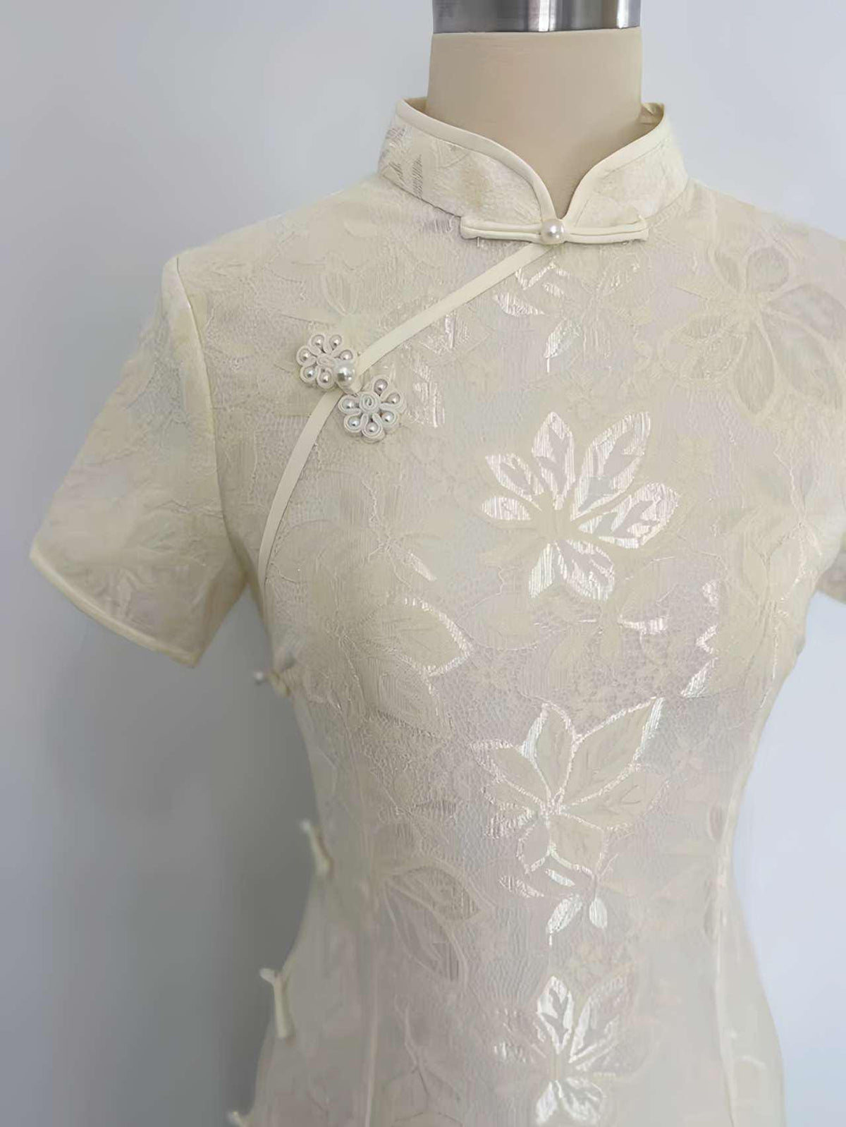 Women's White Vintage Lace Qipao Cheongsam Dress – Short Sleeve – additional product view