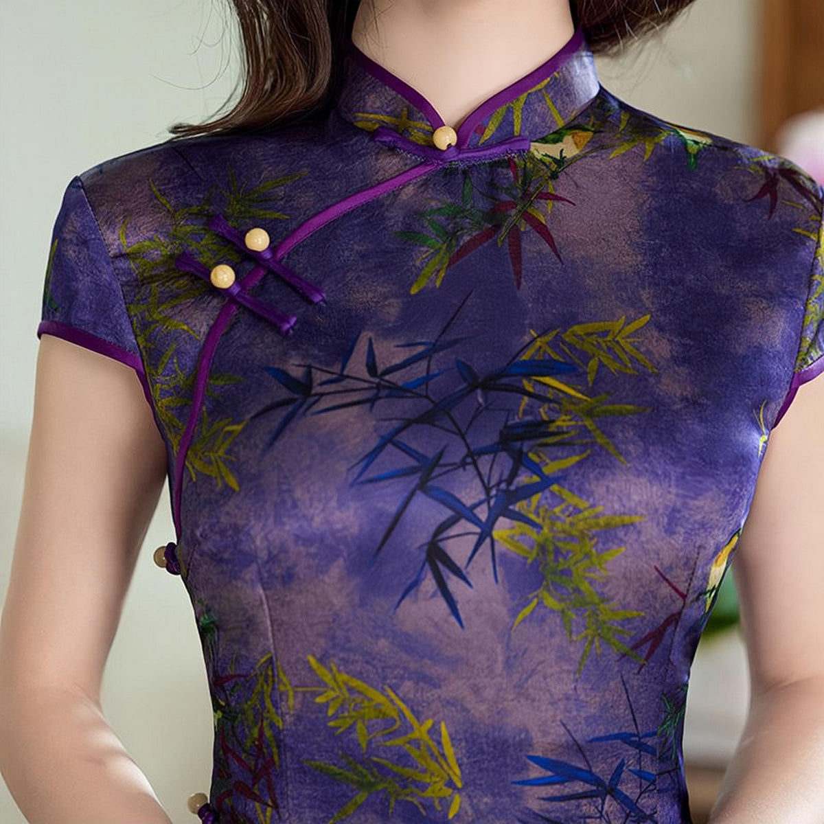 Women's Vintage Qipao Cheongsam Dress – Purple Bamboo – additional product view