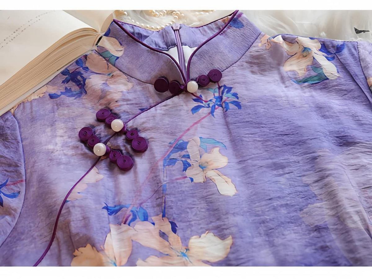 Women's Floral Silk Qipao Cheongsam Dress – Lavender – additional product view