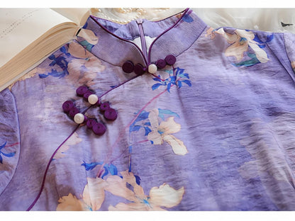 Women's Floral Silk Qipao Cheongsam Dress – Lavender – additional product view