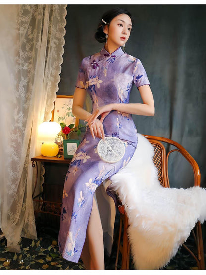 Women's Floral Silk Qipao Cheongsam Dress – Lavender – additional product view