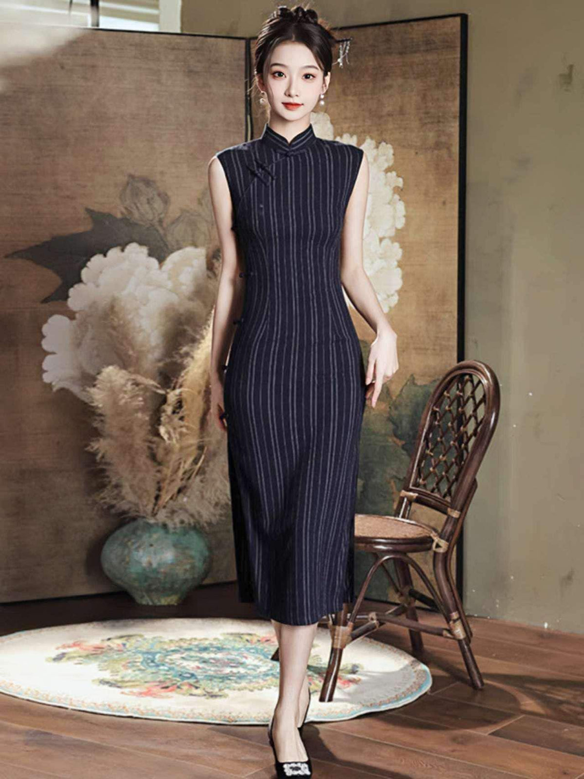 Women's Vintage Qipao Cheongsam Dress – Linen Striped – additional product view