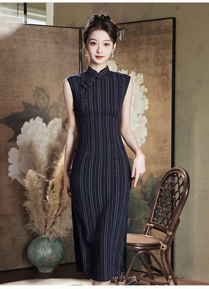 Women's Vintage Qipao Cheongsam Dress – Linen Striped – additional product view