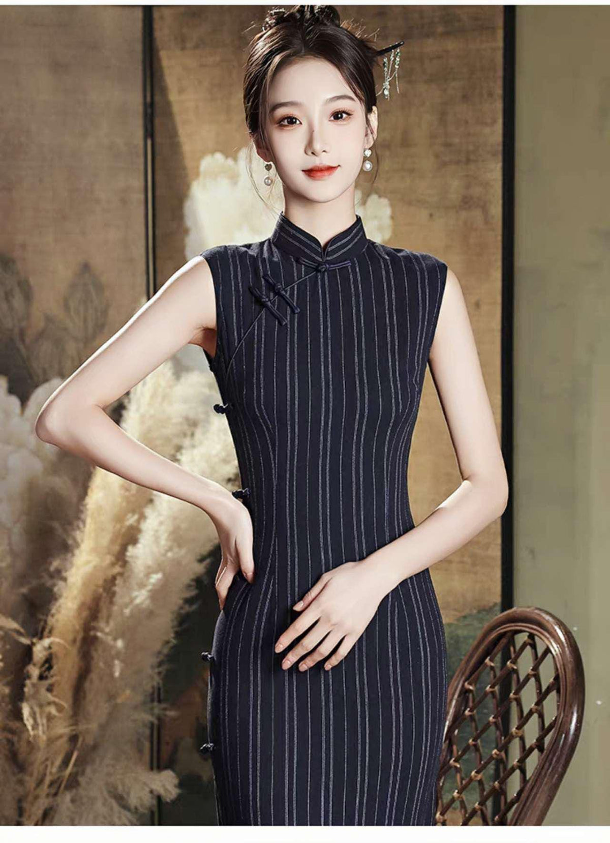 Women's Vintage Qipao Cheongsam Dress – Linen Striped – additional product view