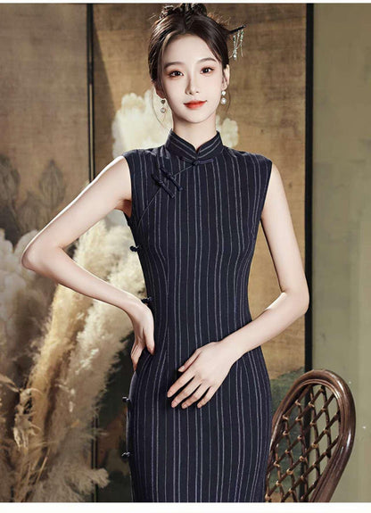 Women's Vintage Qipao Cheongsam Dress – Linen Striped – additional product view