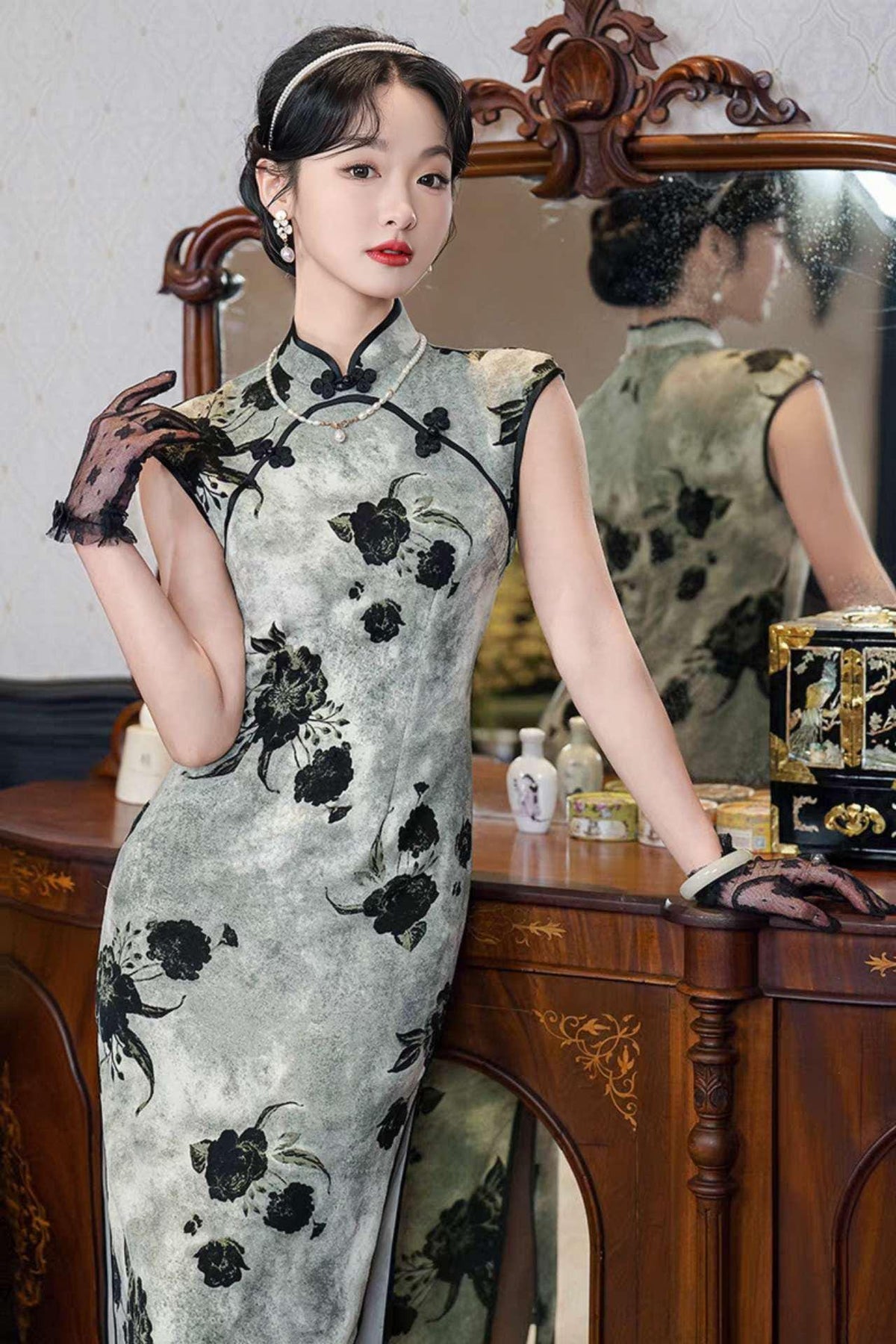 Women's Floral Qipao Cheongsam Dress – Gray Silk – additional product view