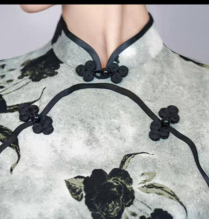 Women's Floral Qipao Cheongsam Dress – Gray Silk – additional product view