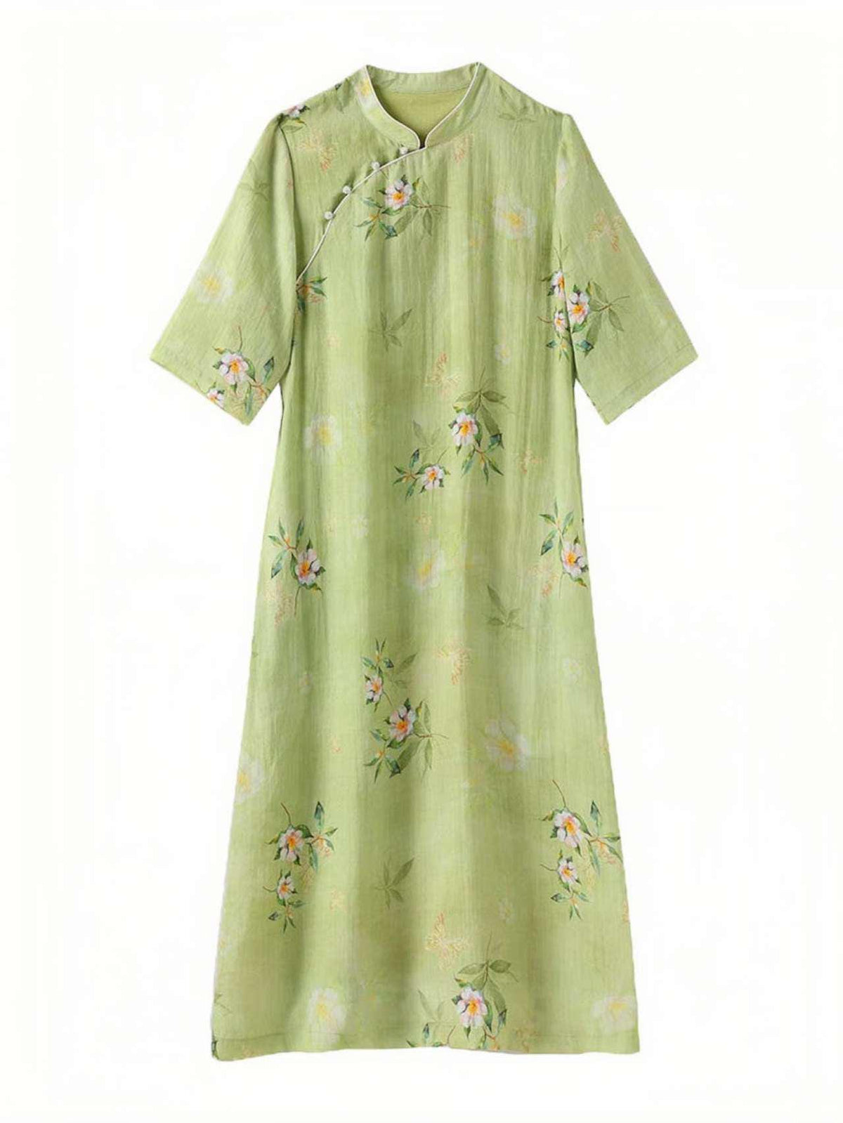 Women's Green Floral Qipao Cheongsam Dress – Linen – additional product view