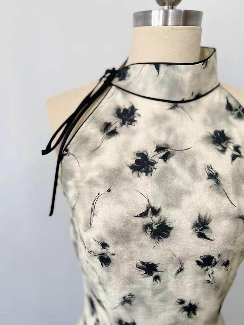 Women's Black Floral Qipao Cheongsam Dress – Linen Halter Neck Summer – additional product view