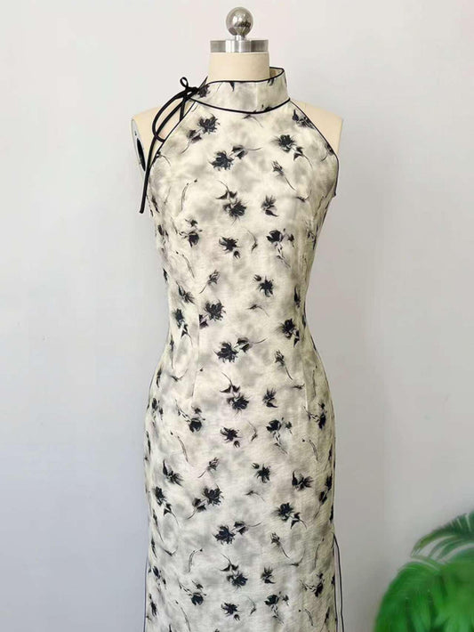 Women's Black Floral Qipao Cheongsam Dress – Linen Halter Neck Summer
