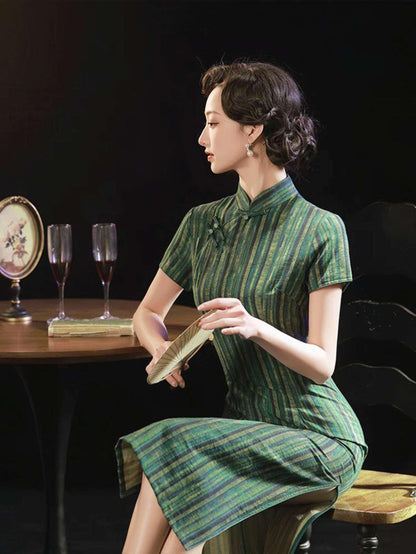 Women's Green Vintage Qipao Cheongsam Dress – Cotton Striped – additional product view