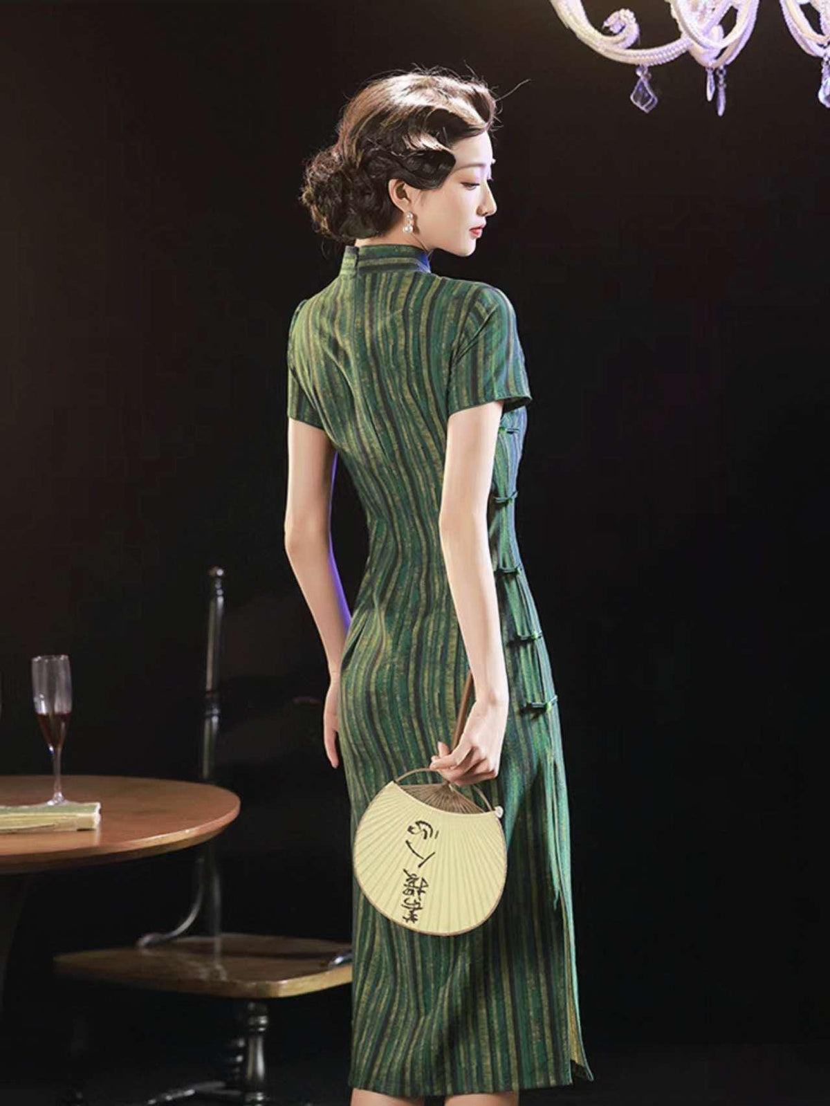 Women's Green Vintage Qipao Cheongsam Dress – Cotton Striped – additional product view