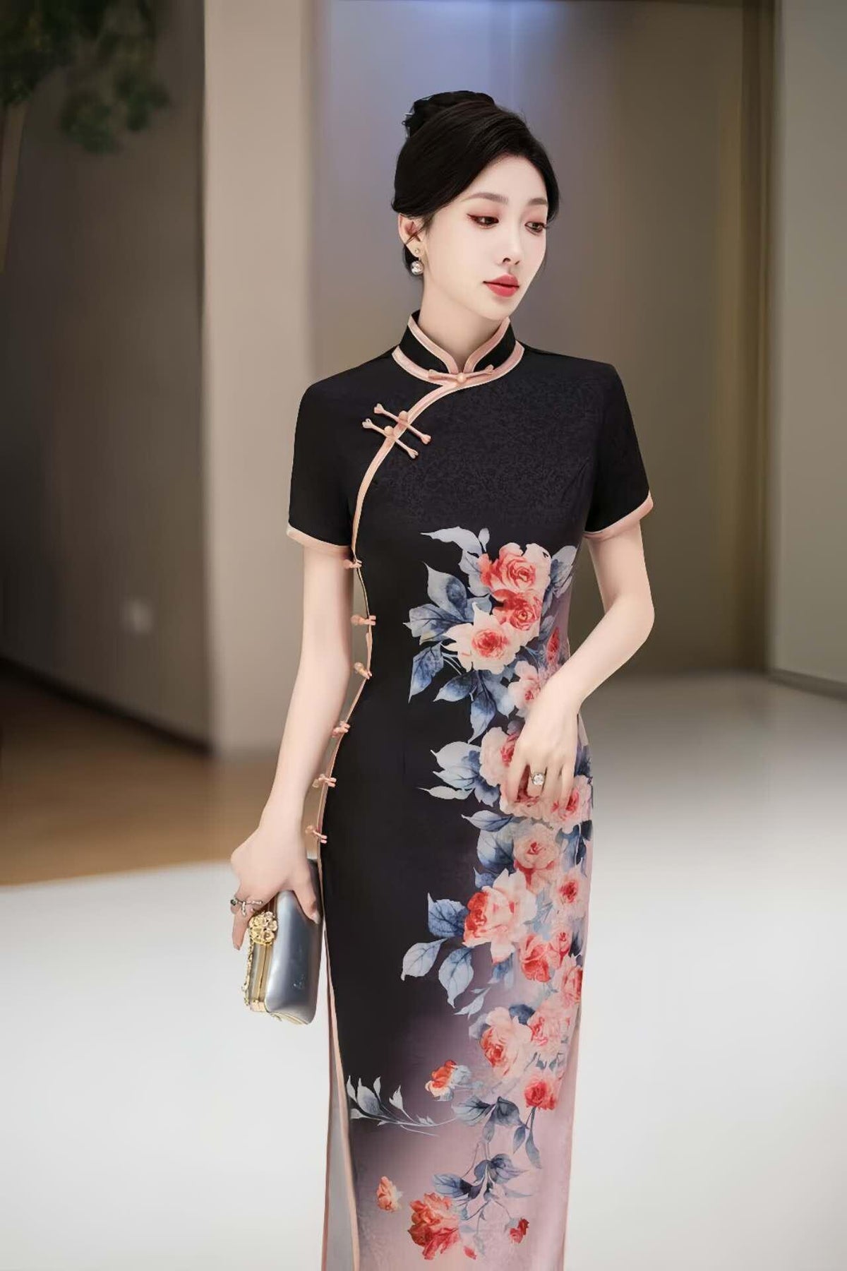 Women's Black Floral Silk Qipao Cheongsam Dress – additional product view