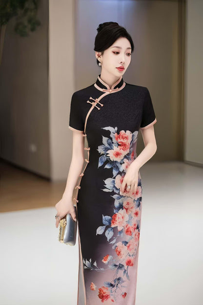 Women's Black Floral Silk Qipao Cheongsam Dress – additional product view