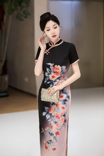 Women's Black Floral Silk Qipao Cheongsam Dress – additional product view