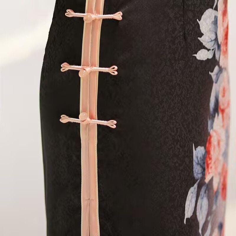 Women's Black Floral Silk Qipao Cheongsam Dress – additional product view