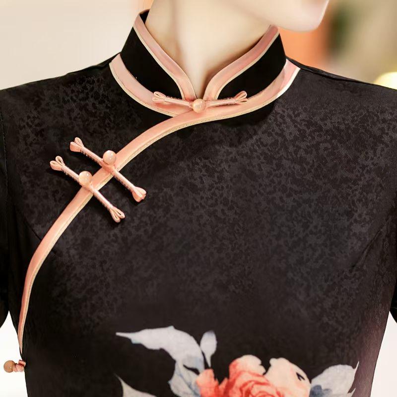 Women's Black Floral Silk Qipao Cheongsam Dress – additional product view
