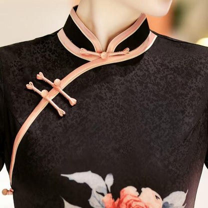 Women's Black Floral Silk Qipao Cheongsam Dress – additional product view