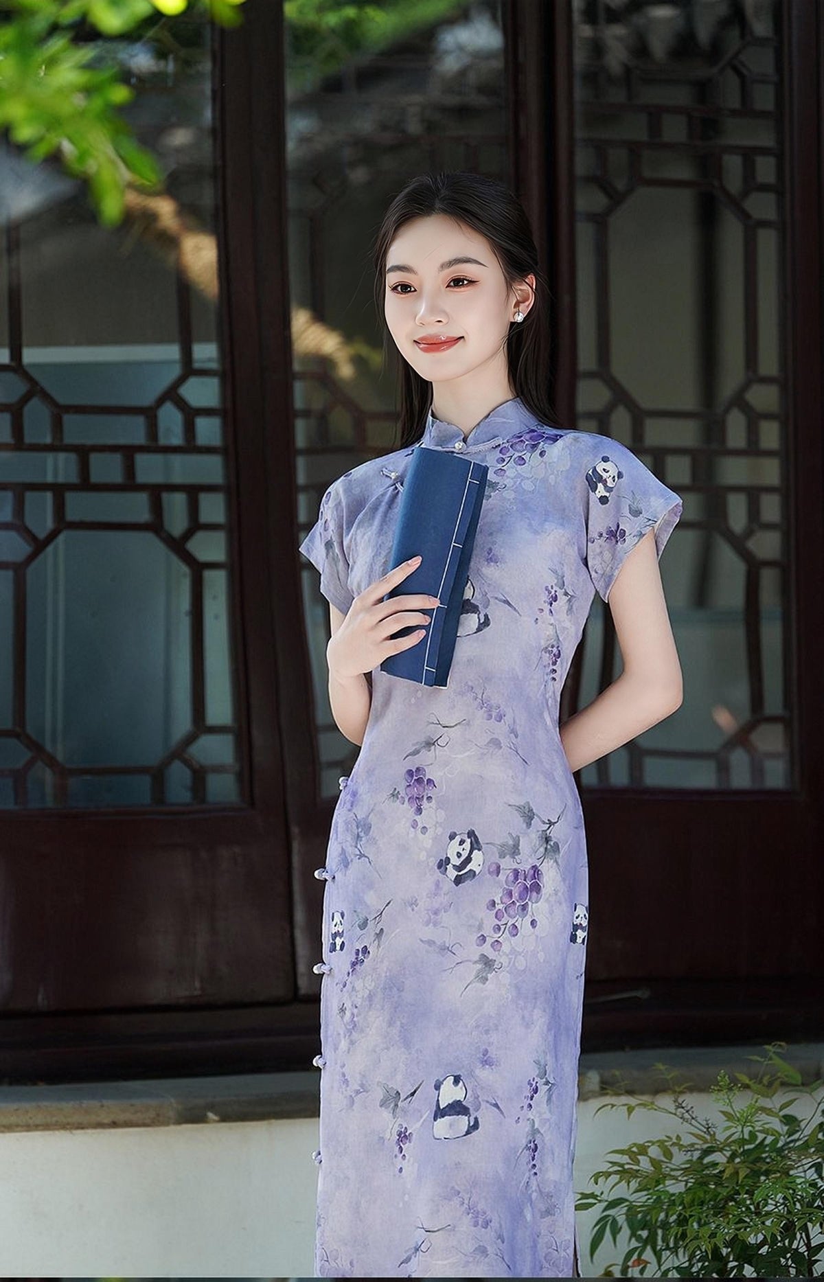 Women's Purple Vintage Qipao Cheongsam Dress – Panda – additional product view