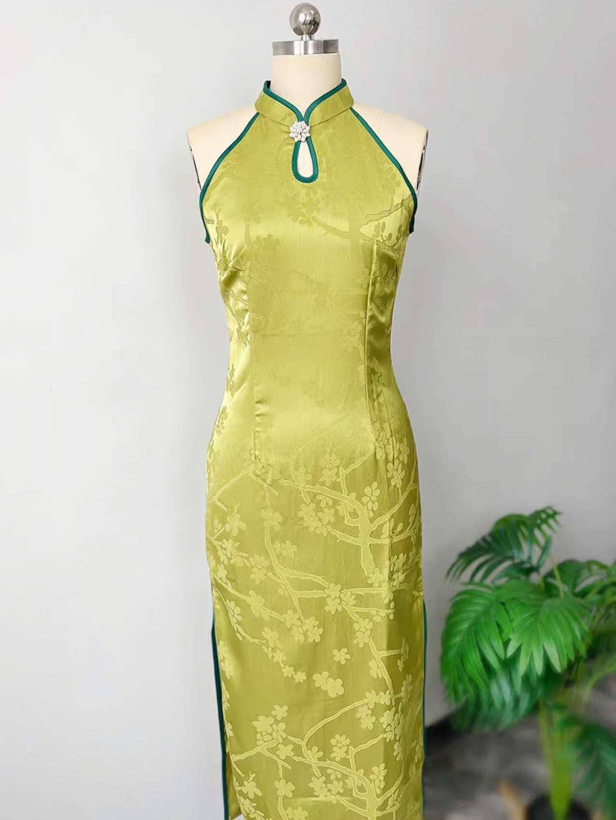 Women's Green Floral Brocade Qipao Cheongsam Dress – Summer – additional product view