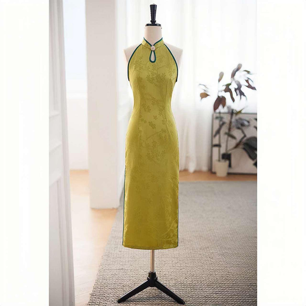 Women's Green Floral Brocade Qipao Cheongsam Dress – Summer – additional product view
