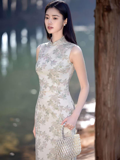 Women's Floral Qipao Cheongsam Dress – Beige Linen Summer – additional product view