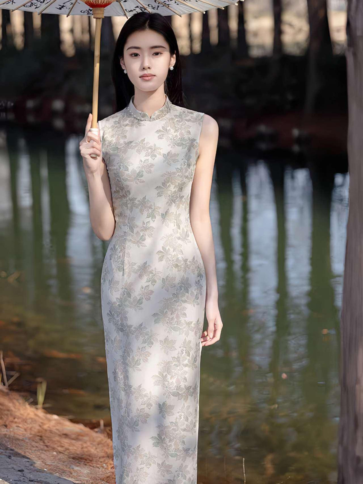 Women's Floral Qipao Cheongsam Dress – Beige Linen Summer – additional product view