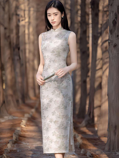 Women's Floral Qipao Cheongsam Dress – Beige Linen Summer