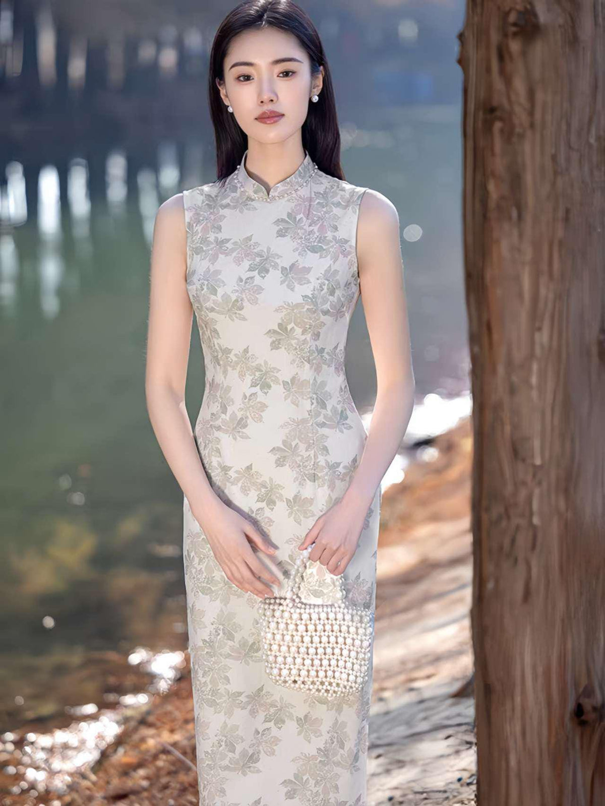 Women's Floral Qipao Cheongsam Dress – Beige Linen Summer – additional product view