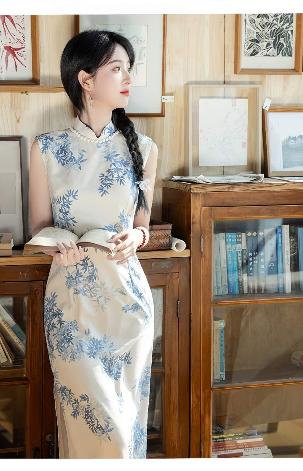 Women's Blue Elegant Silk Qipao Cheongsam Dress – additional product view
