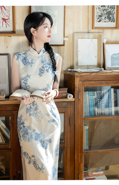 Women's Blue Elegant Silk Qipao Cheongsam Dress – additional product view