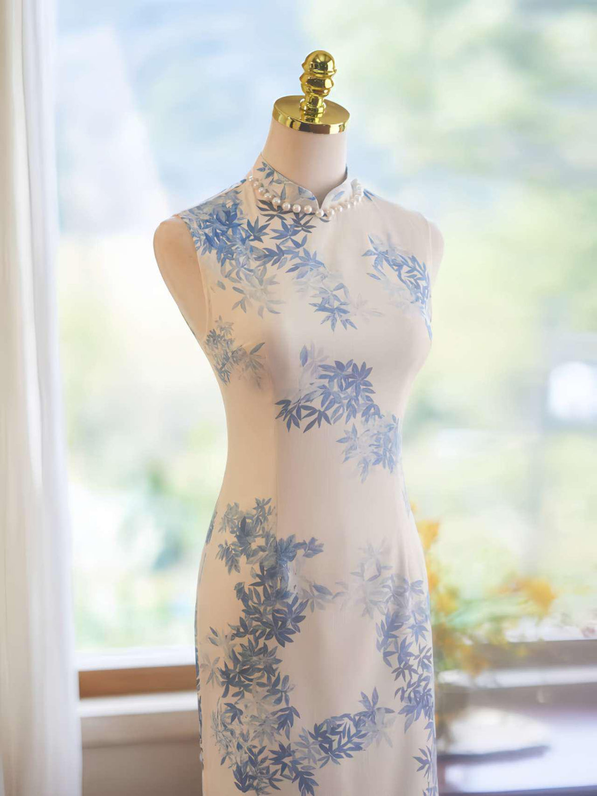 Women's Blue Elegant Silk Qipao Cheongsam Dress – additional product view