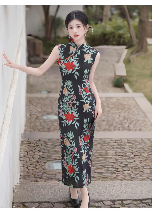 Women's Black Floral Qipao Cheongsam Dress – Linen Summer