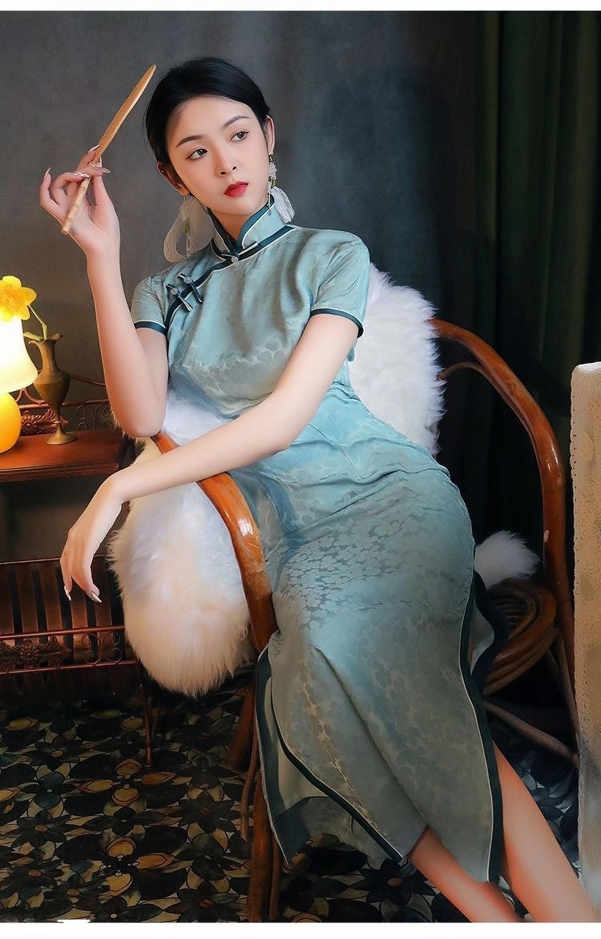 Women's Blue Vintage Qipao Cheongsam Dress – Brocade Floral – additional product view