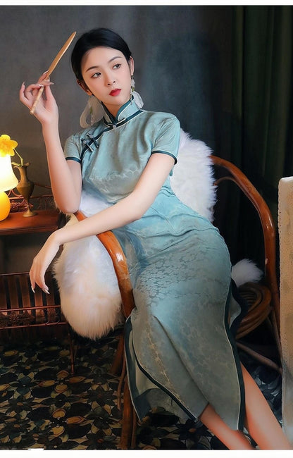 Women's Blue Vintage Qipao Cheongsam Dress – Brocade Floral – additional product view