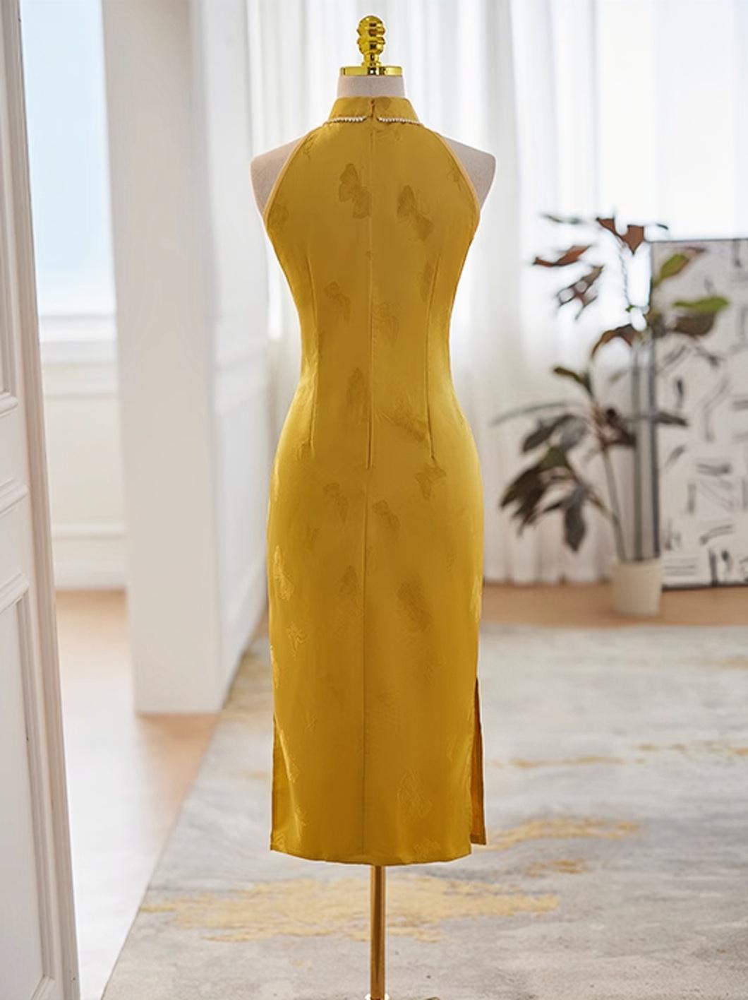 Women's Vintage Qipao Cheongsam Dress – Yellow Halter Neck – additional product view
