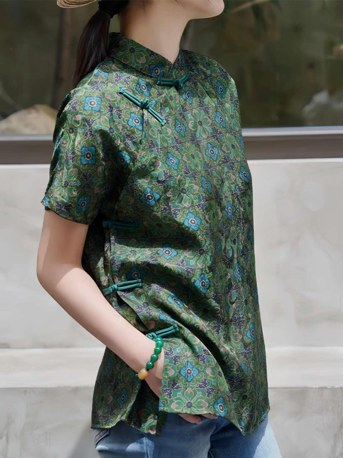 Women's Green Floral Chinese Style Blouse – additional product view