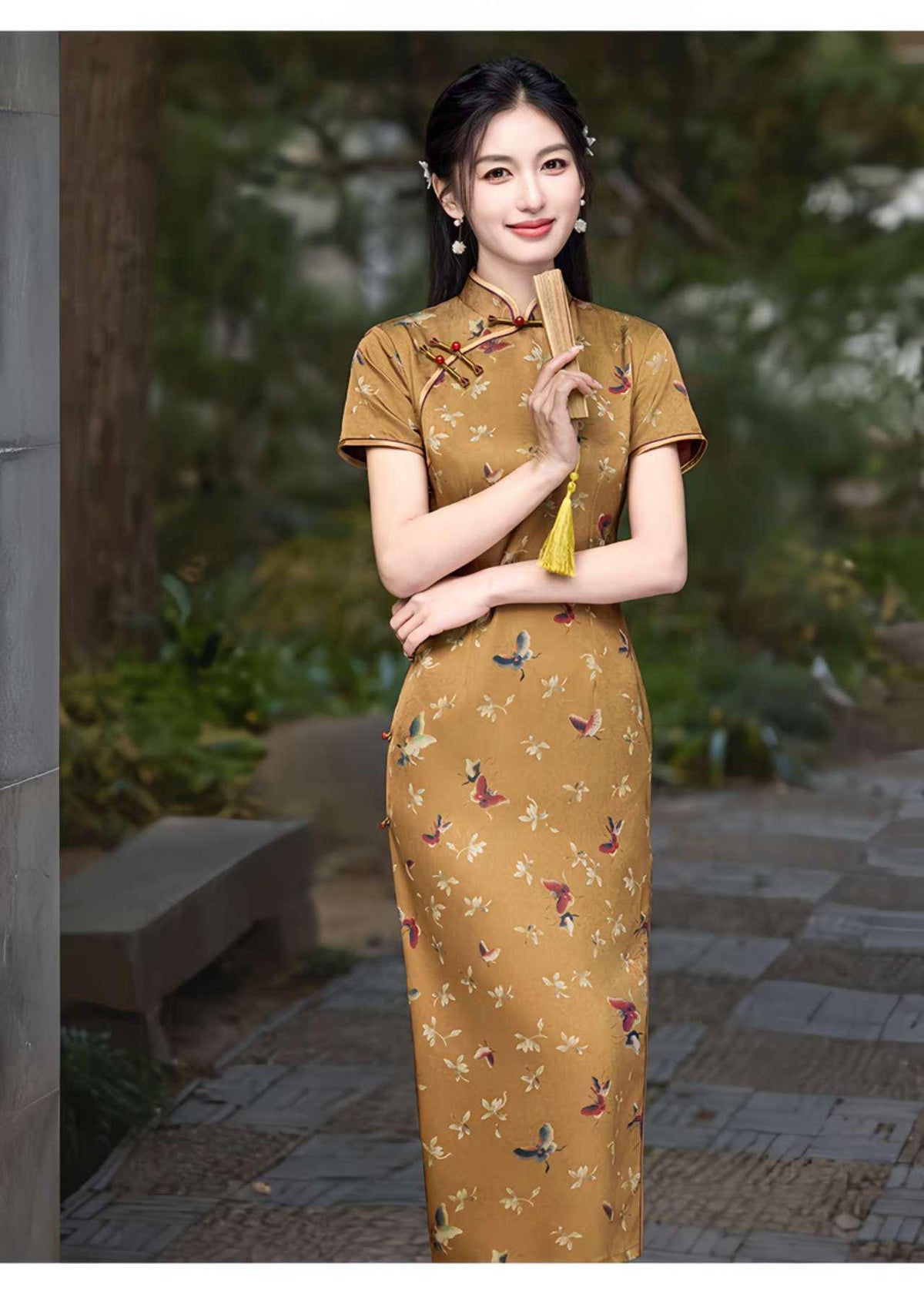 Women's Floral Qipao Cheongsam Dress – Yellow Silk – additional product view