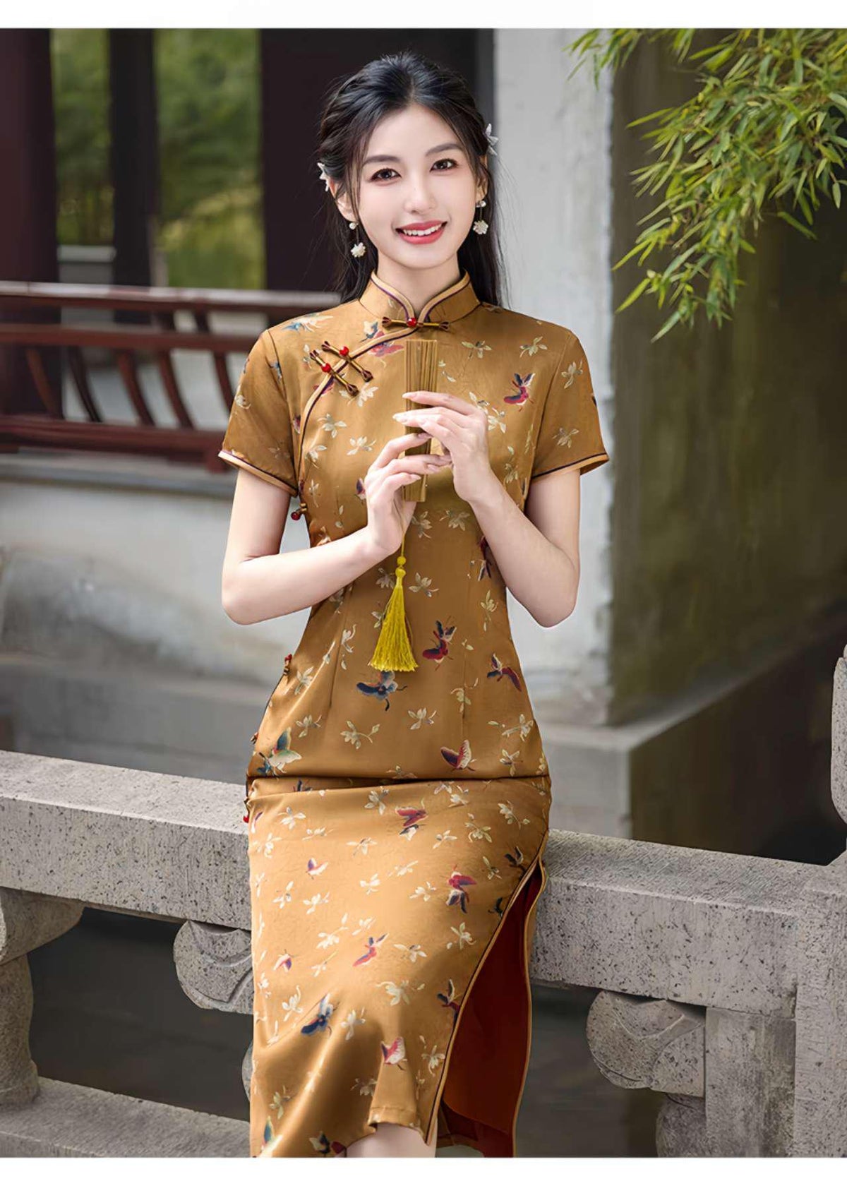 Women's Floral Qipao Cheongsam Dress – Yellow Silk – additional product view