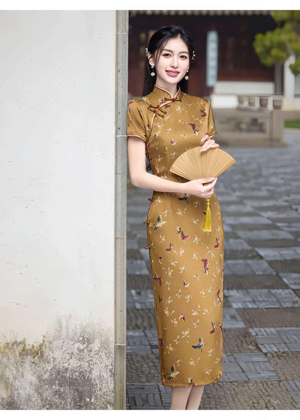 Women's Floral Qipao Cheongsam Dress – Yellow Silk – additional product view