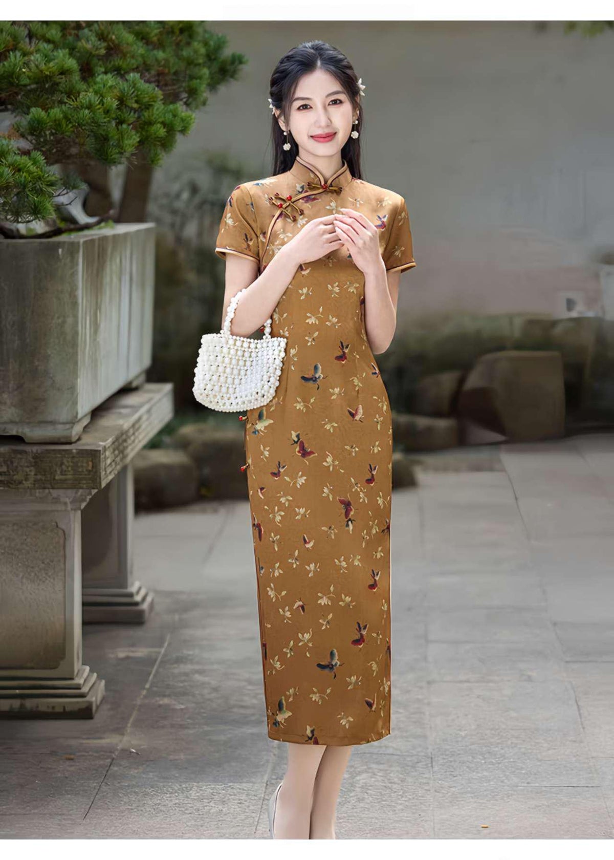 Women's Floral Qipao Cheongsam Dress – Yellow Silk – additional product view