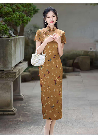 Women's Floral Qipao Cheongsam Dress – Yellow Silk – additional product view