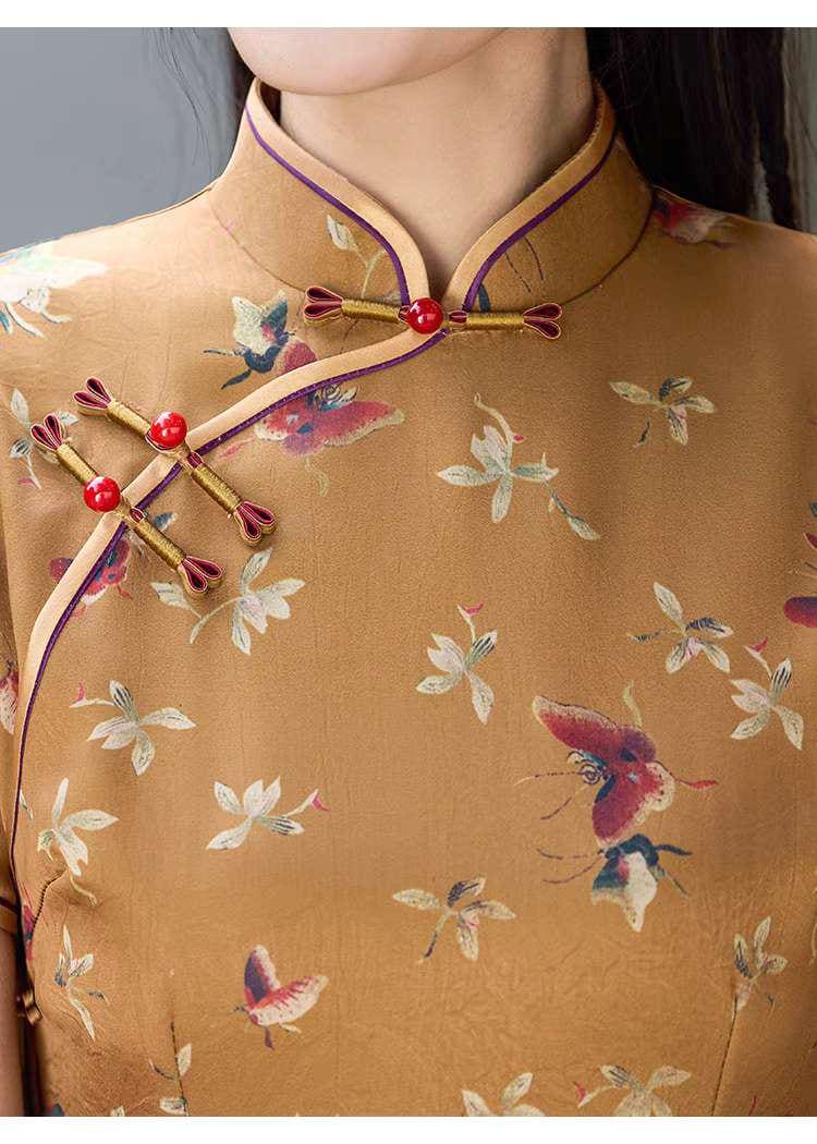 Women's Floral Qipao Cheongsam Dress – Yellow Silk – additional product view
