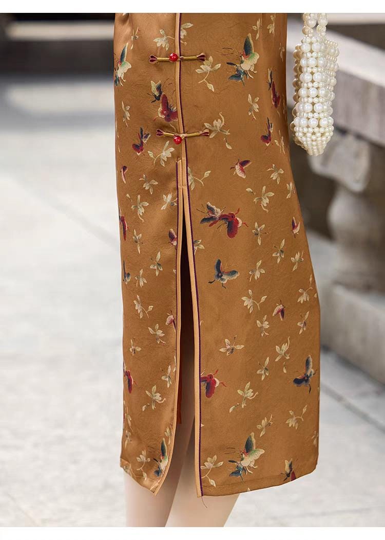 Women's Floral Qipao Cheongsam Dress – Yellow Silk – additional product view