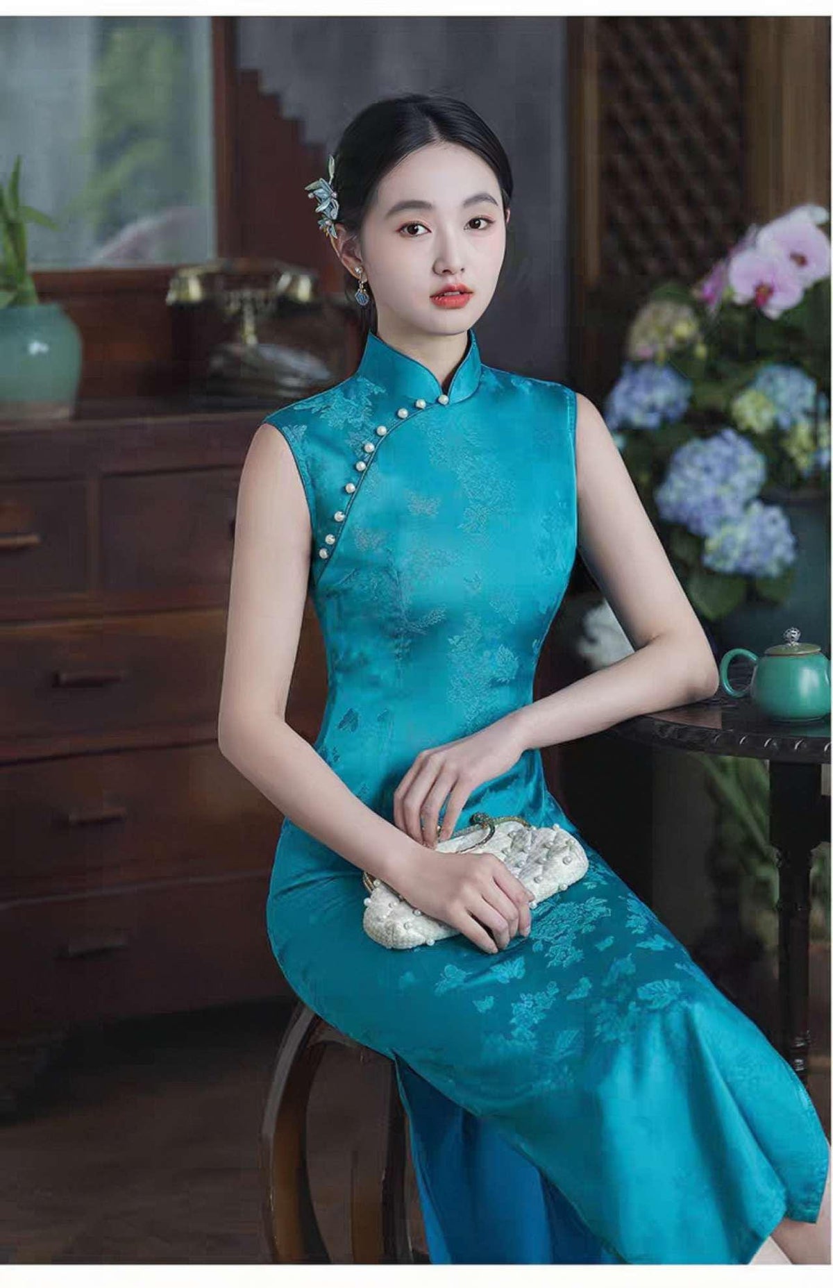Women's Vintage Qipao Cheongsam Dress – Turquoise Jacquard – additional product view