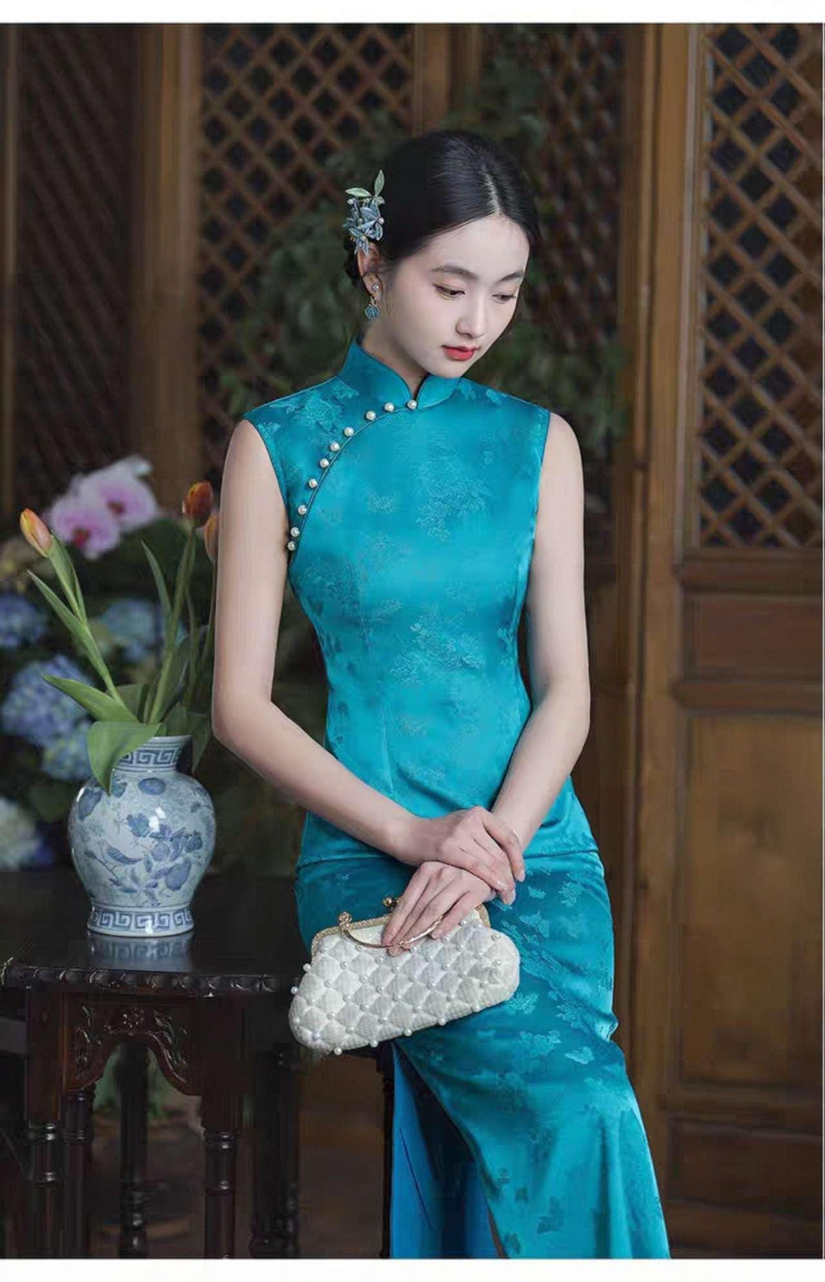 Women's Vintage Qipao Cheongsam Dress – Turquoise Jacquard – additional product view