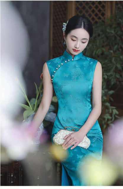 Women's Vintage Qipao Cheongsam Dress – Turquoise Jacquard – additional product view