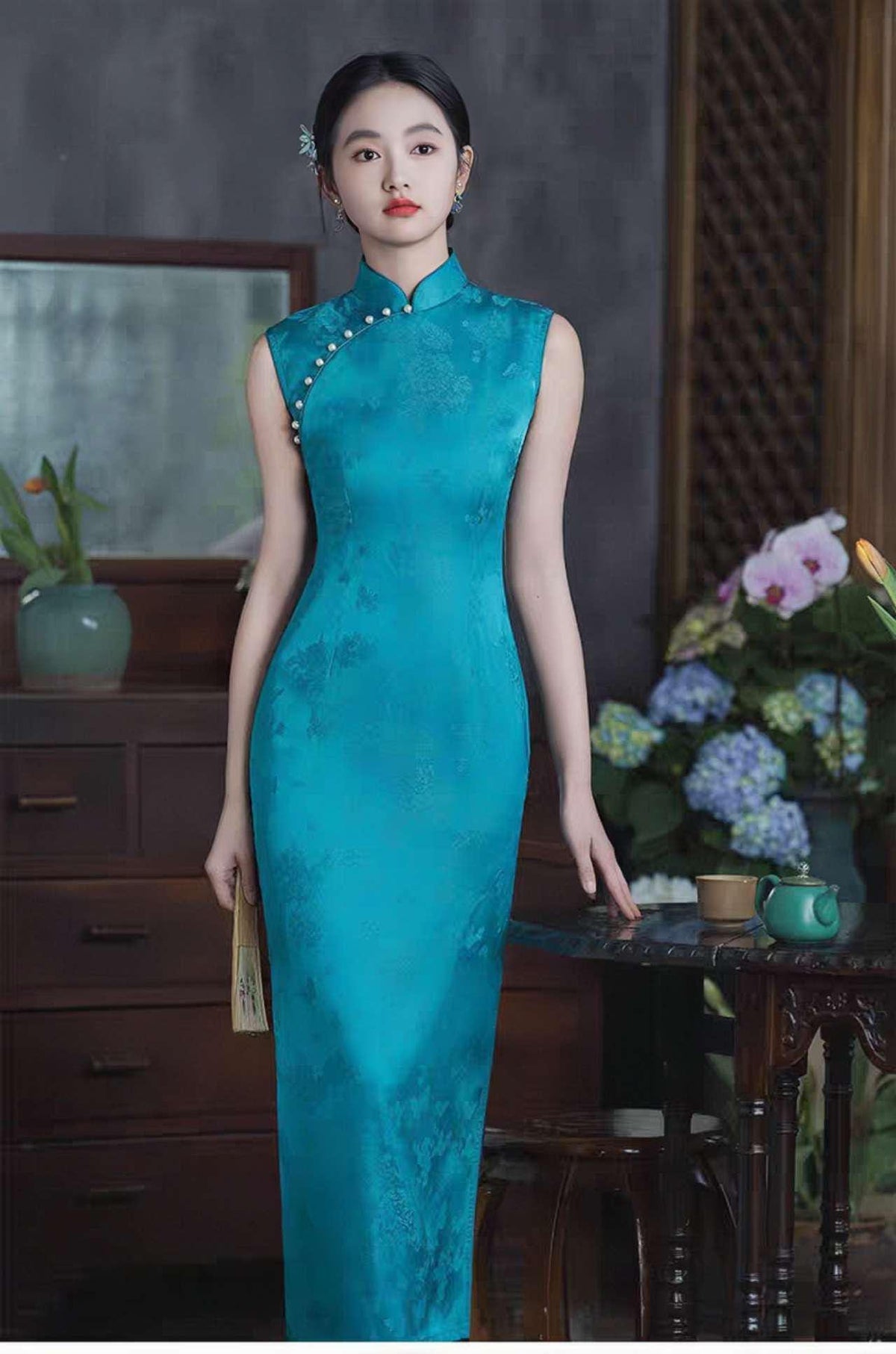 Women's Vintage Qipao Cheongsam Dress – Turquoise Jacquard – additional product view